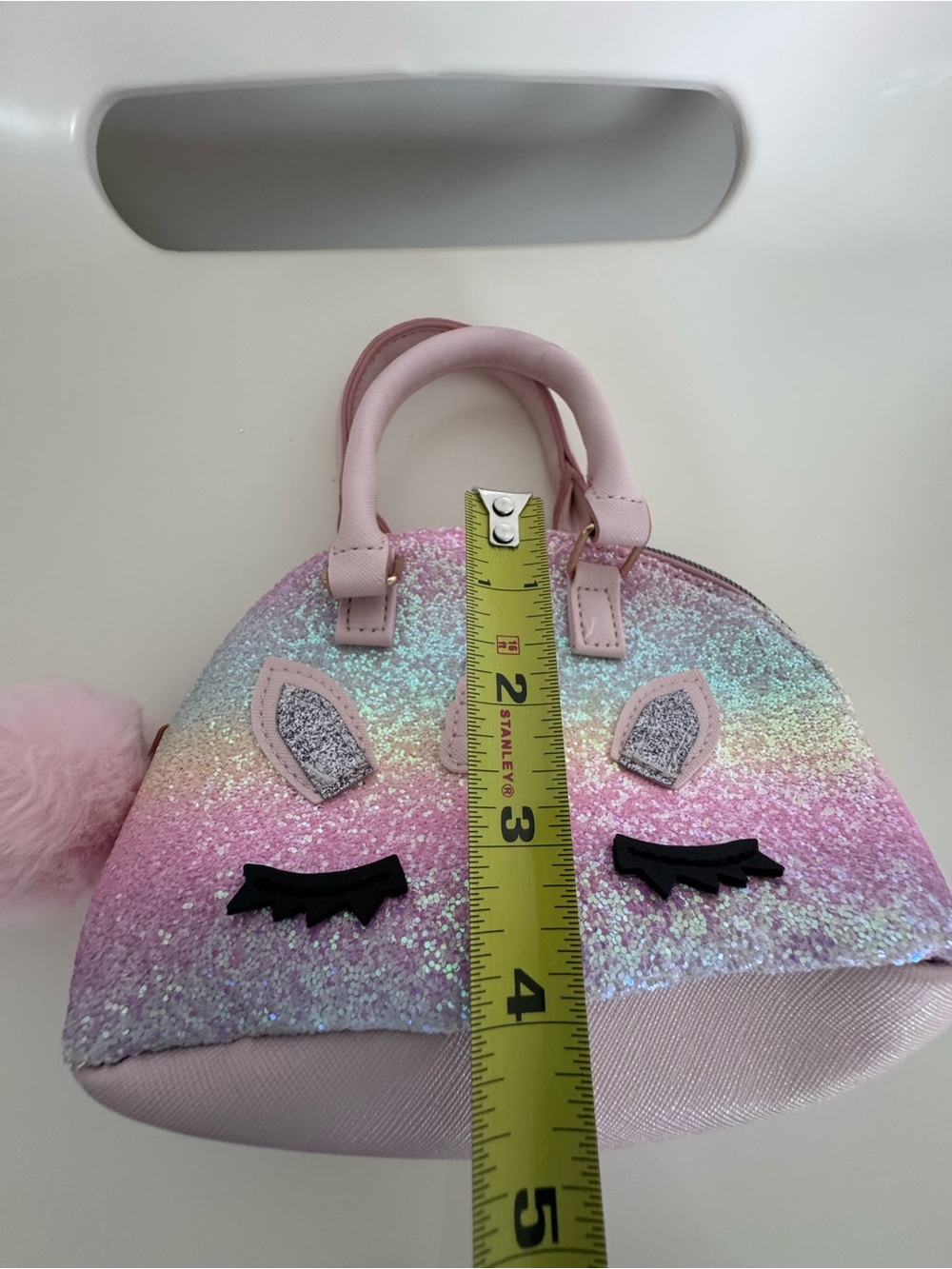 Girls Glitter Rainbow Unicorn Purse Mini Handbag Pom Pom Pastel Sparkle Cute - Picture 7 of 12